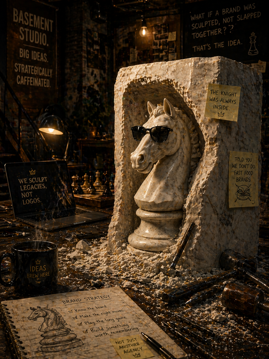 Sculptor's hands carving a marble chess knight